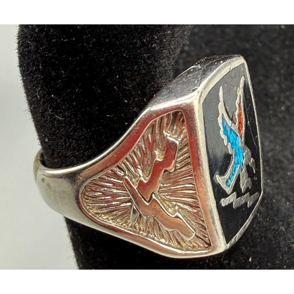 Vintage CO 85 Eagle Thunderbird Inlay Signet Ring Silver Tone Black Size 6.5 - Picture 6 of 10